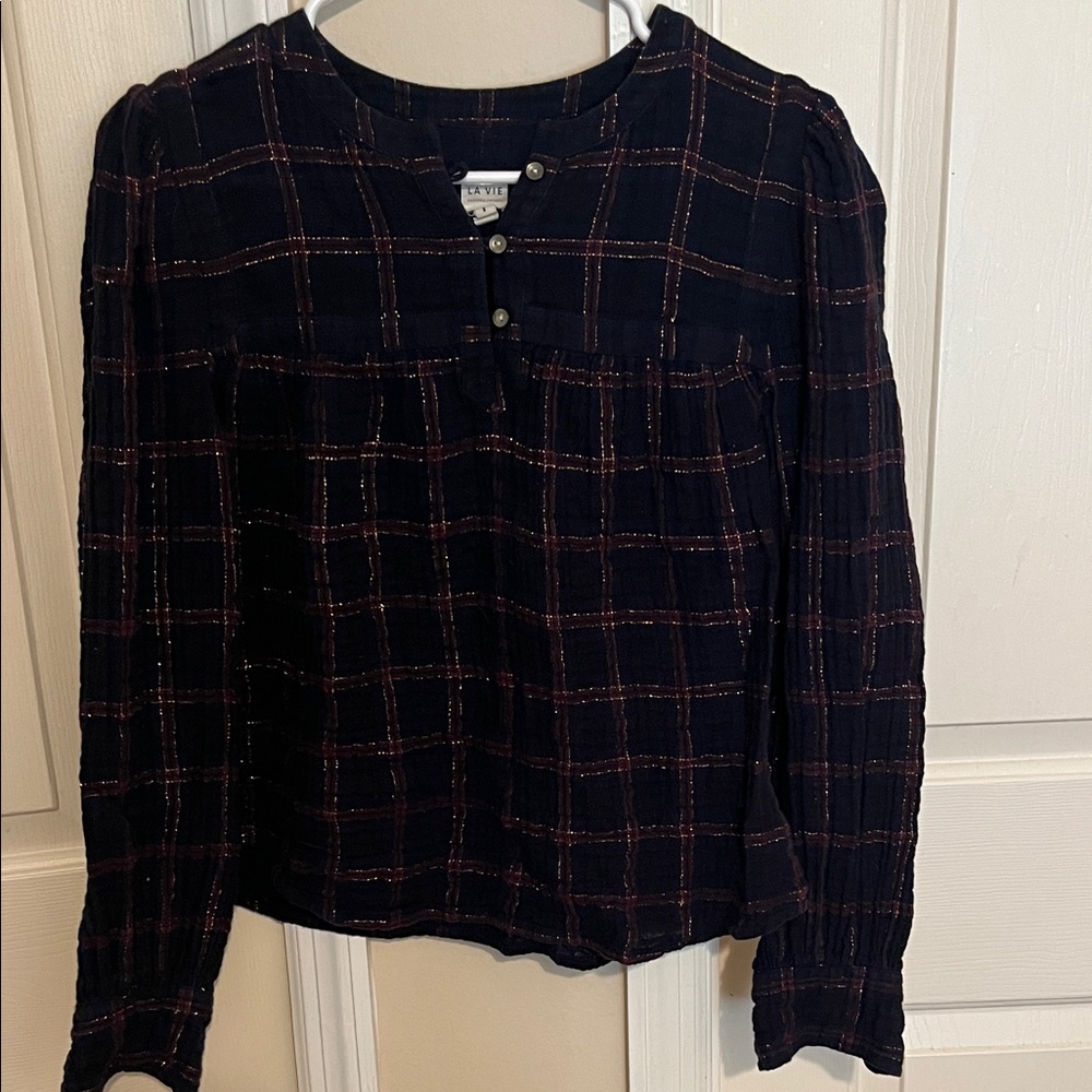 La Vie Plaid Button-Up Blouse - Navy, maroon with gold accents.